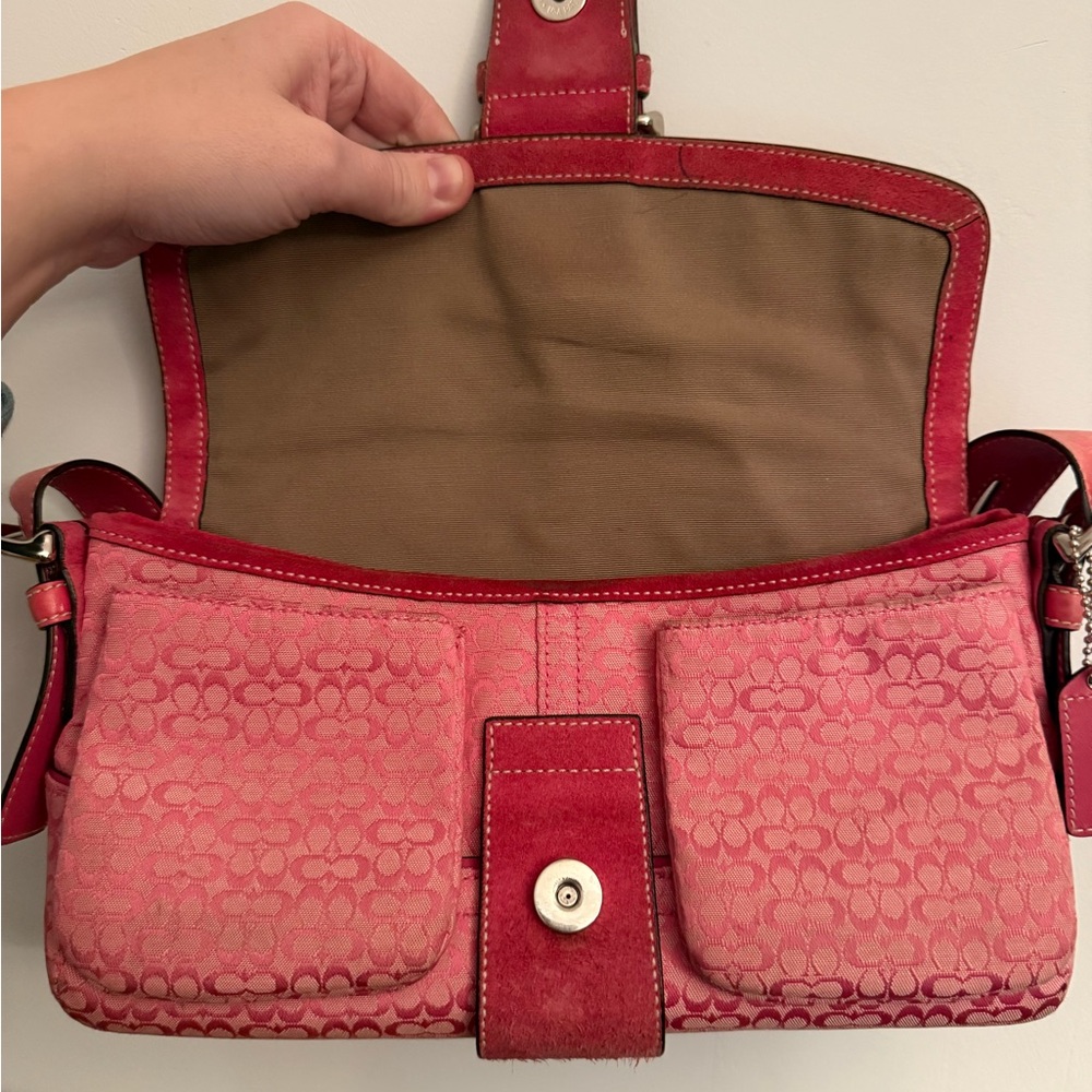 COACH Signature Shoulder Handbag Pink Logo - Picture 9 of 13